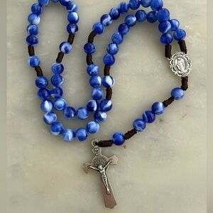 Blue and White Beaded Rosary Necklace